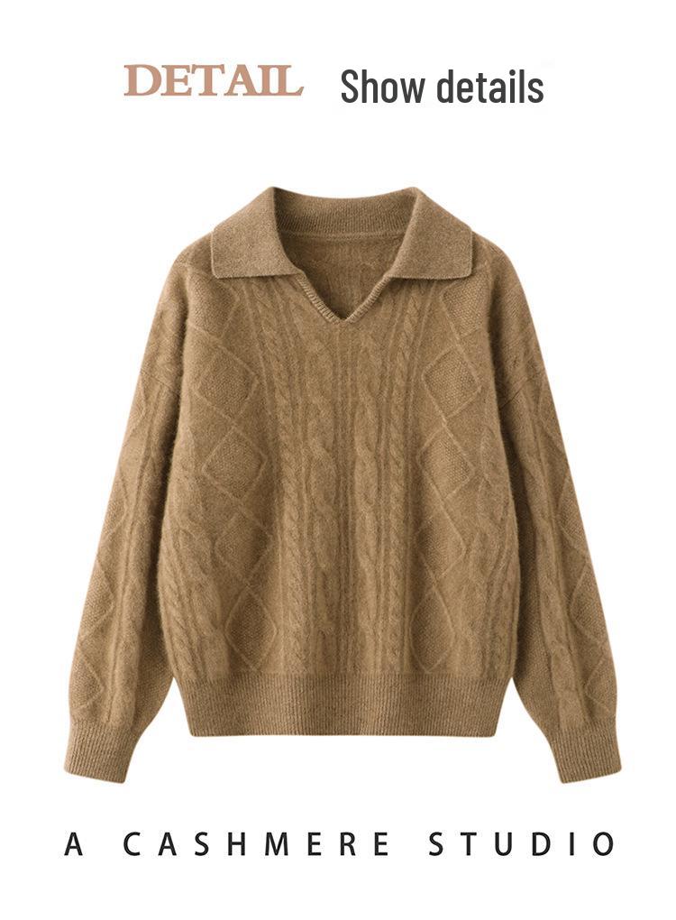 Women's Thick Three-Strand Twisted Cashmere Knit Sweater, Long Sleeve, Polo Collar, Loose Fit, Soft & Skin-Friendly.