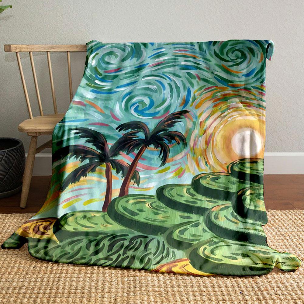 Swirling brushstrokes with palm trees, sun, and tiered green hills. for all seasons blanket lunch break throw gift