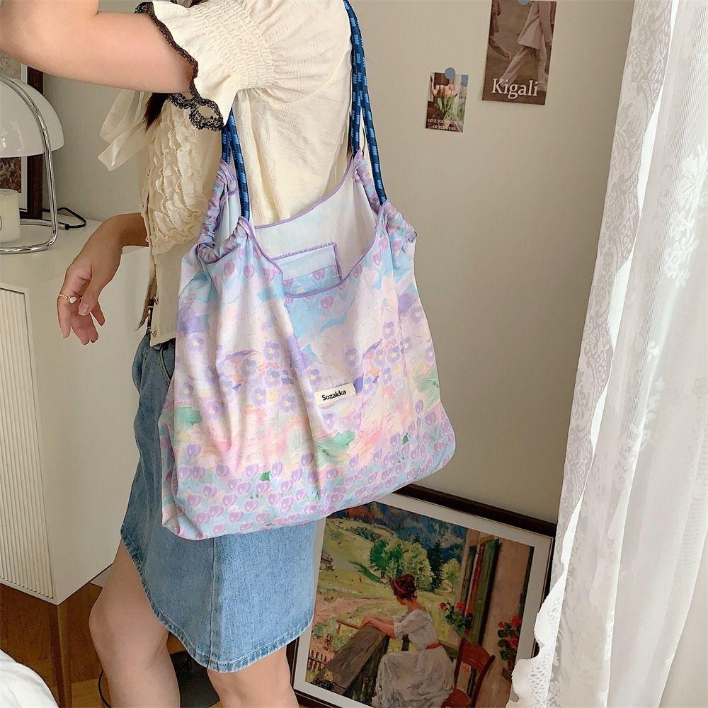 Large Capacity Drawstring Shopping Bag Reusable Travel Tote Bag Portable Canvas Shoulder Bag