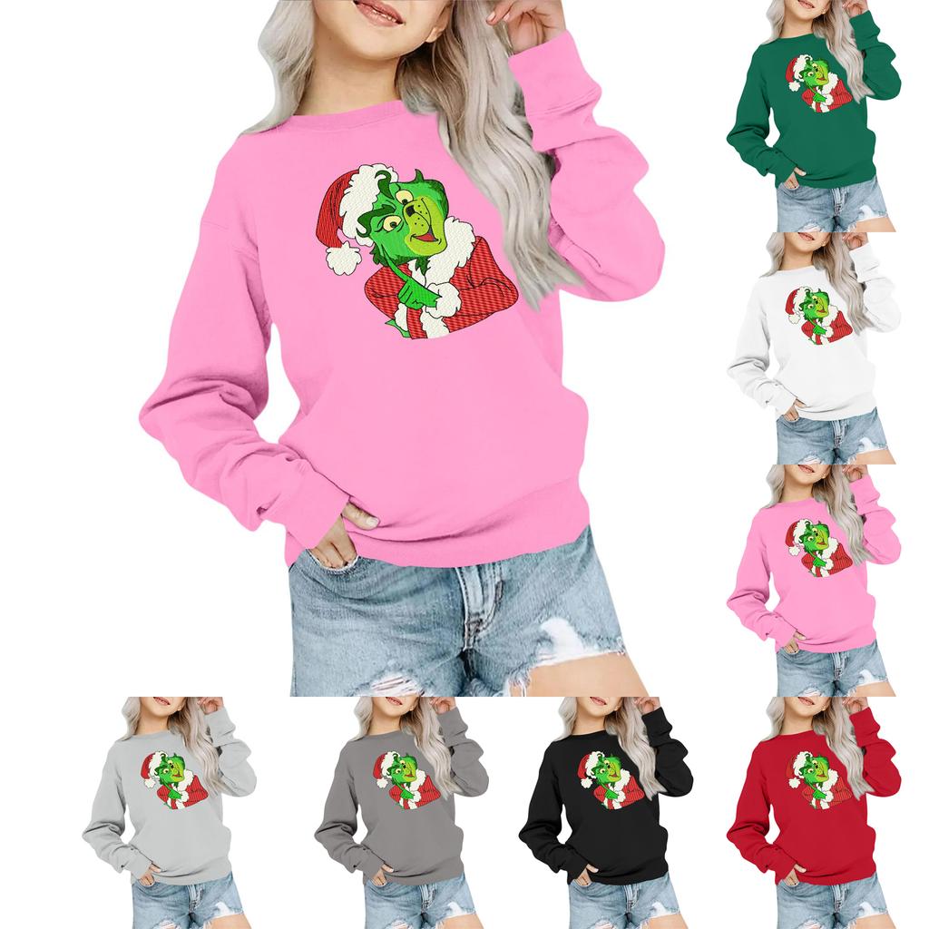 Kids' Fashion Loose-Fit Casual Long-Sleeve Christmas Print Oversized Crewneck Sweatshirt