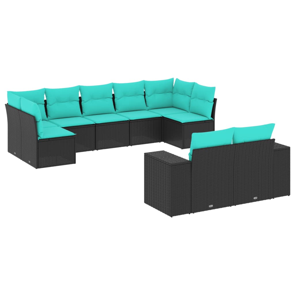 9 Piece Garden Sofa Set with Cushions Black Poly Rattan