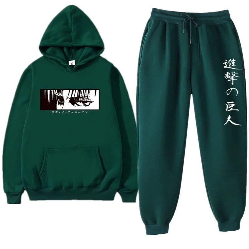 Anime Attack On Titan Levi Green Winter Tracksuit 2 Piece Set Hoodies Pants Sportwear Suit Hooded Sweatshirt Tracksuit Woman