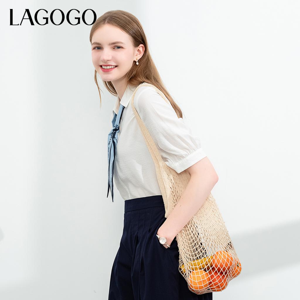 [Same as in the mall] Lagogo's new lace up style, texture, versatile white top for women