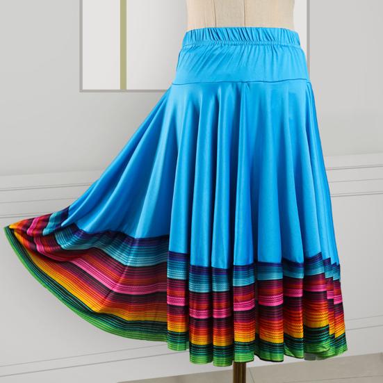 Midi Skirt Ladies Folk Dance Skirt Elastic High Waist Spanish Swing Skirt Rainbow Large Swing Hem Mexican Flamenco Performance Skirt