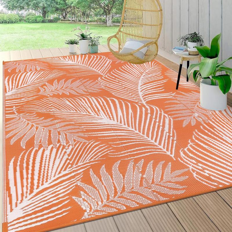 Tropical Palm Leaf Outdoor Rug Non Slip Waterproof Floor Mat for Terrace Balcony Poolside Camping Living Room Home Decor