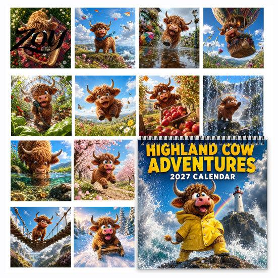 Large Grid Appointment Book 2027 Highland Cow Wall Calendar, 12-Month Adventure Themed Planner with Spiral Cute Illustration Stationery Binding, Thick