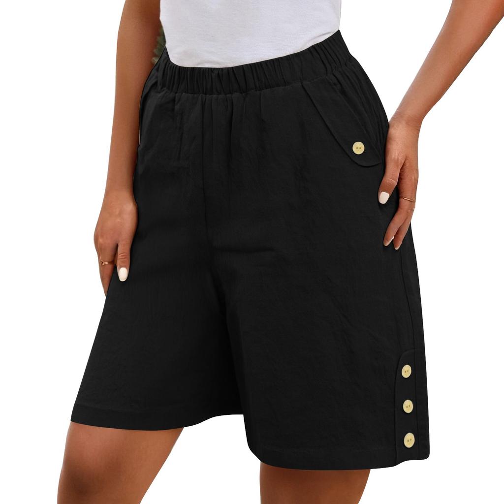 Шорты-бермуды для женщин, широкие льняные шорты длиной до колена, летние повседневные длинные шорты, свободные, с высокой талией, с карманами