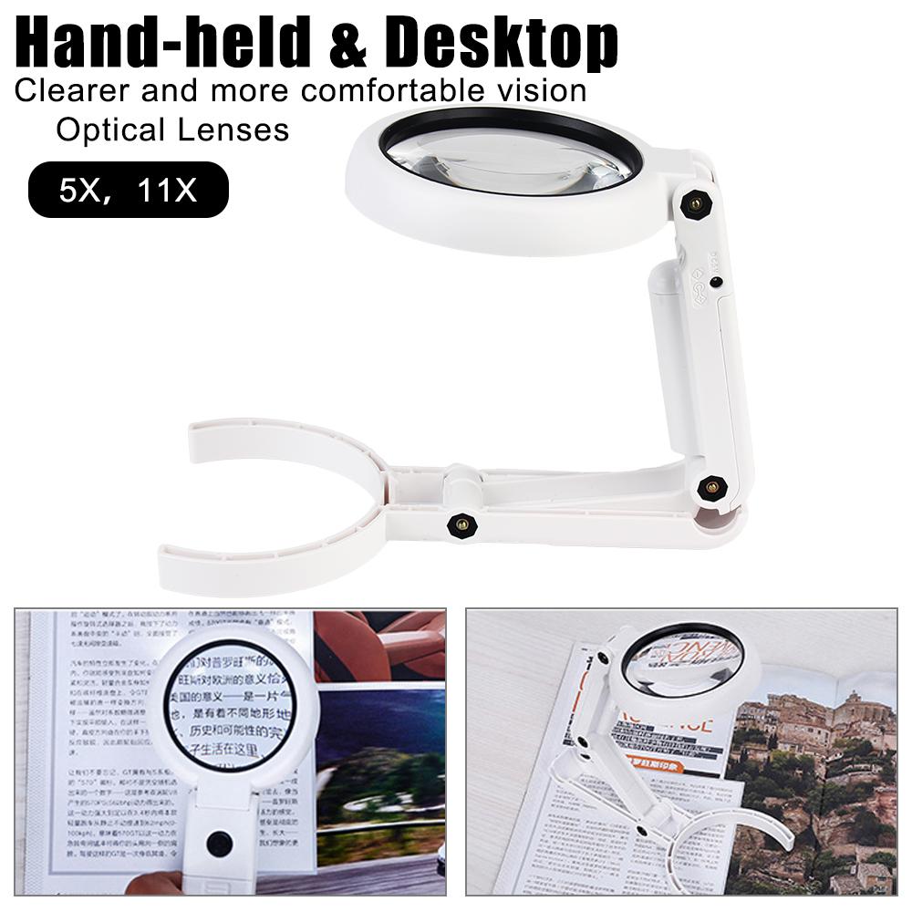 Stand Desk for Jewelry Appraisal Reading Repair with 8 LED Light Portable Hand-held Magnifying Glass Foldable Hand Tool Set 5x 11x