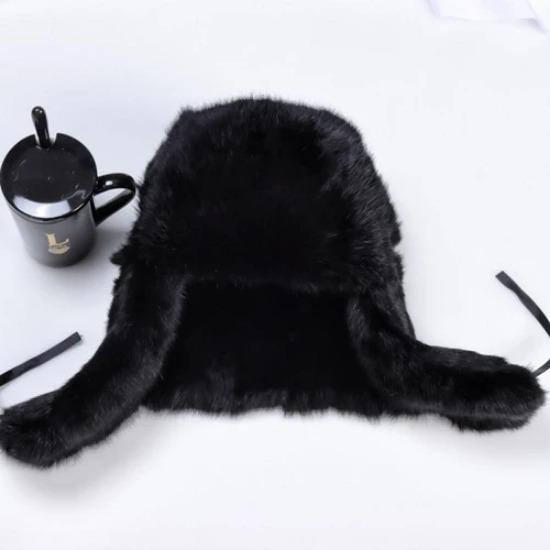 Rabbit Fur Cap Man Winter Genuine Fur Bomber Hat Windproof Warm Earmuffs Male Flat Grey/Black Russian Winter Rabbit Fur Hat