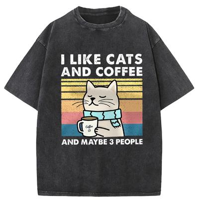 Мужская женская футболка I Like Cats And Coffee Хлопковая футболка Свободная футболка Модная футболка с круглым вырезом Уличная одежда для пар
