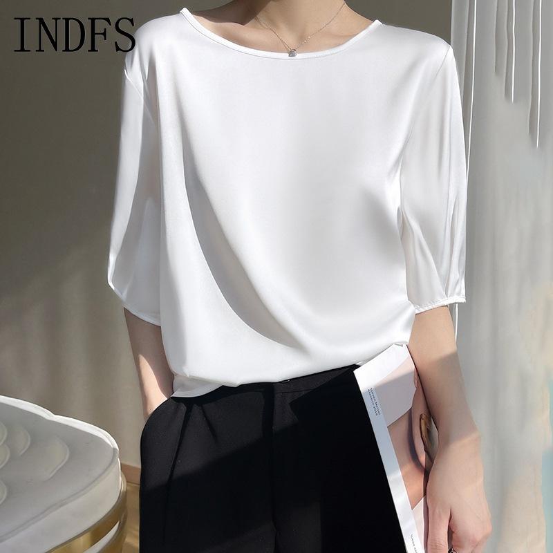INDFS Women's Fashion Casual Summer Spring Solid Color Print 1/2 Sleeves O-Neck Blouses & Shirts