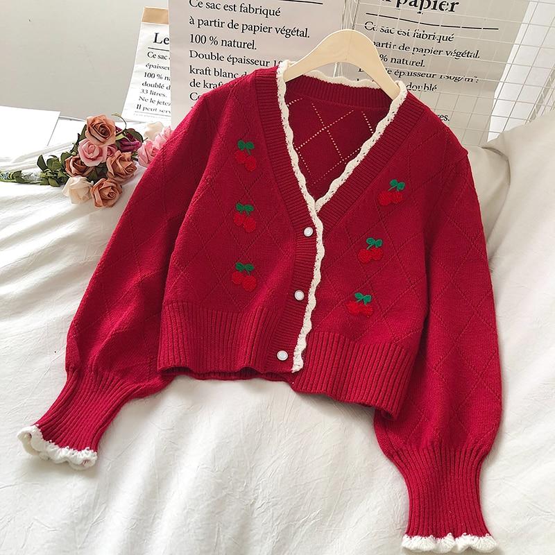 Кардиганы с вышивкой, вязаная одежда, милые короткие рукава-фонарики Mujer Chaqueta, осенние зимние женские свитера с v-образным вырезом вишневого цвета