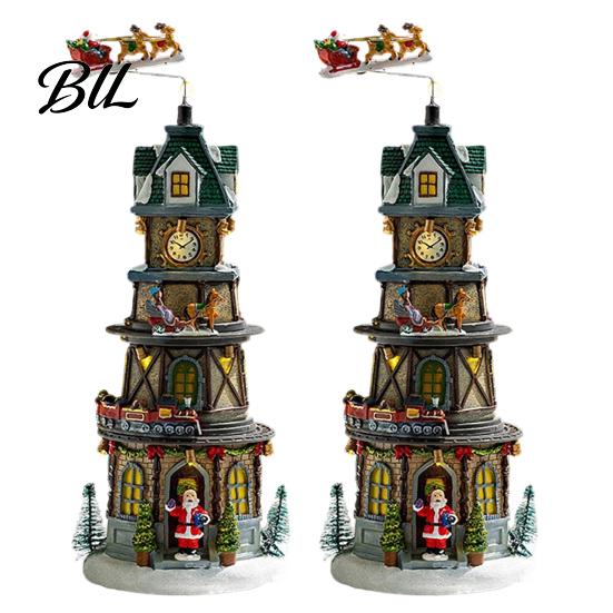 Resin Holiday Home Decor 2Pcs Christmas Train Music Box with Rotating Light, Snow Village Carousel Seasonal Accents Ornament, Battery/USB Powered