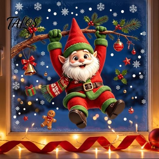 Christmas Glass Stickers Cute Gnome Static Window Cling, Removable Decal with Holly Bell Decals Gingerbread Snowflake, Holiday Decor for Home