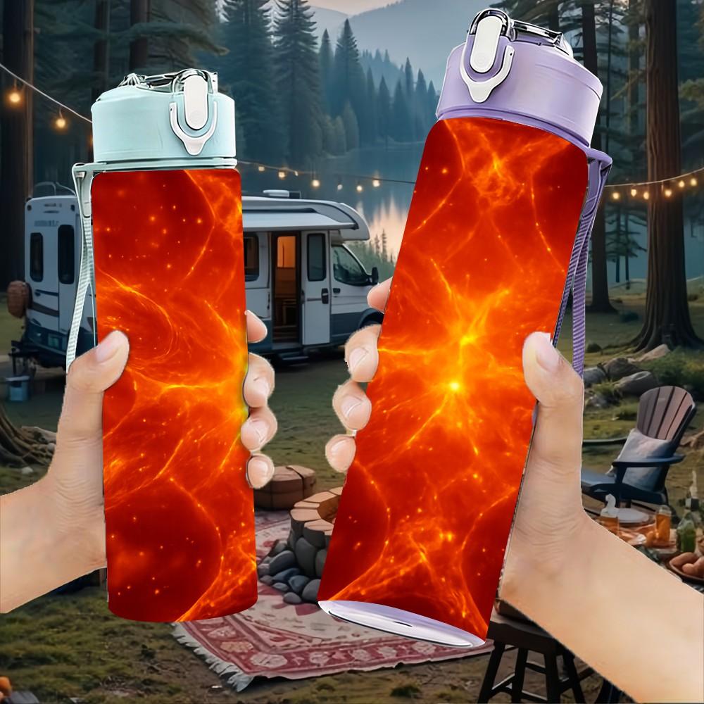 1PC Bright Red Orange Burst Cosmic Energy Print 750ml Color Plastic Sports Water Bottle Leakproof Flip Straw Lid Suitable for Sports Office Home Use