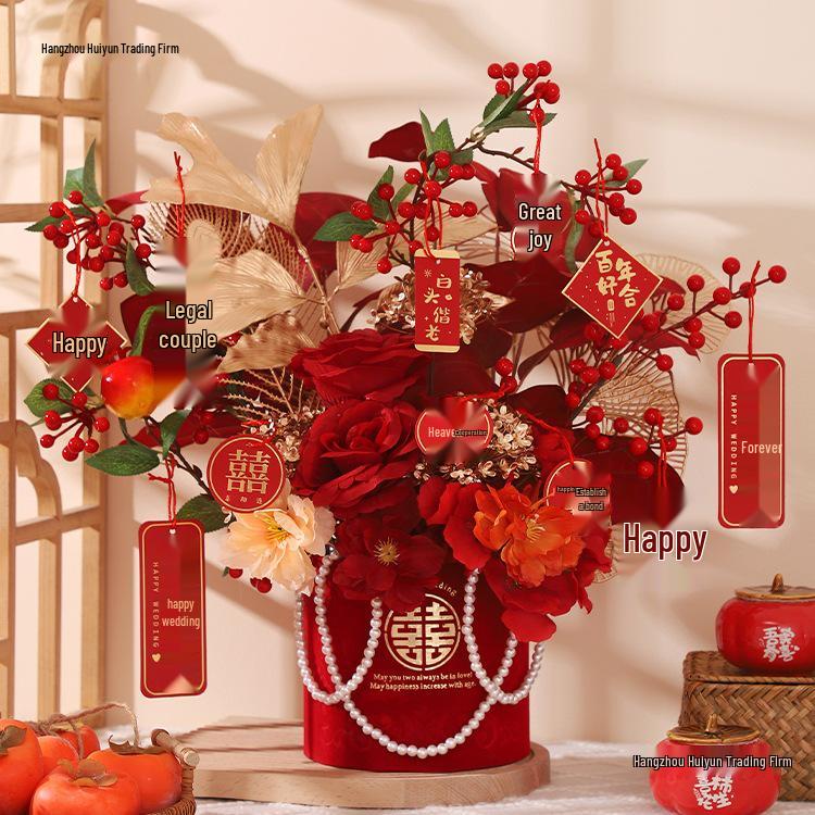 Engagement & Wedding Ornaments: Room Decor Bouquet & Double Happiness Bucket Set for Newlyweds - Ideal for Master Bedroom & Living Room.