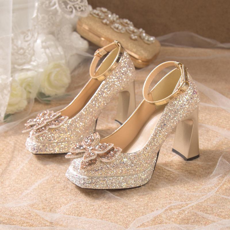 Comemore Women Pumps Rhinestone Mary Jane Women's Shoes Thick Bottom Ankle Buckle Wedding Bridal Chunky High Heels Single Shoes