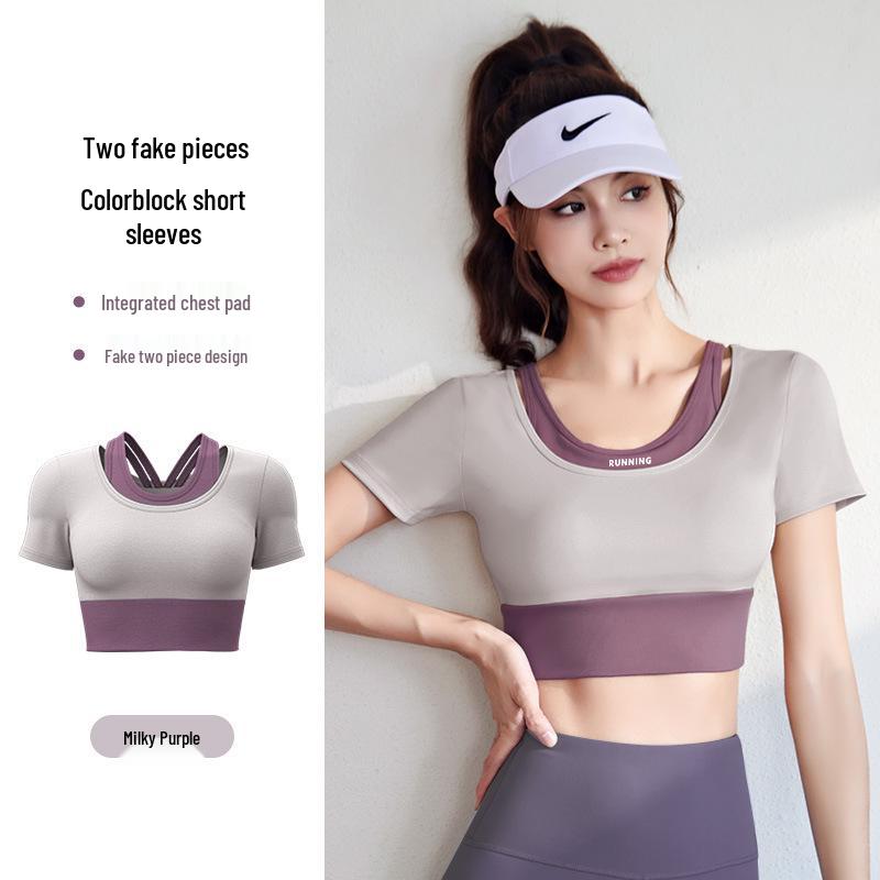 Women's Color Block Two-Piece Short Sleeve Quick-Dry Sports Yoga Top