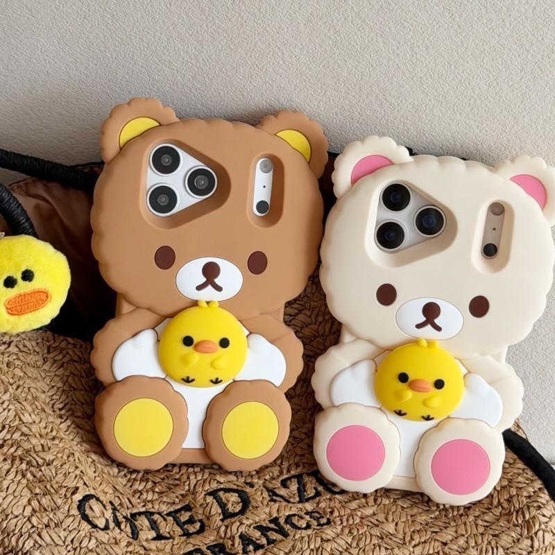 3D Rilakkuma Bear Hugging Duck Silicone Phone Case Soft Shockproof Cute Cartoon Cover for iPhone 17ProMax 17 16 15 14 13 Pro Max