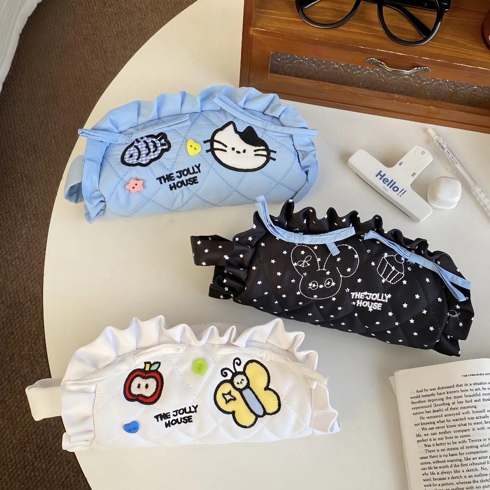 Large Capacity Cartoon Pencil Case Cat Bee Rabbit Cosmetics Storage Korean Pencil Bag Portable Cloth Ruffled