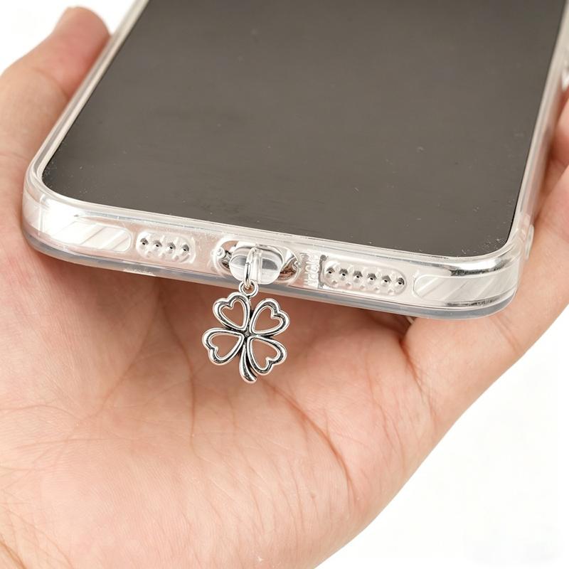 Cute Silver Clover Phone Dust Plug Accessories Decoration Hanging Pendant for iPhone for Samsung Type-C Charging Port2