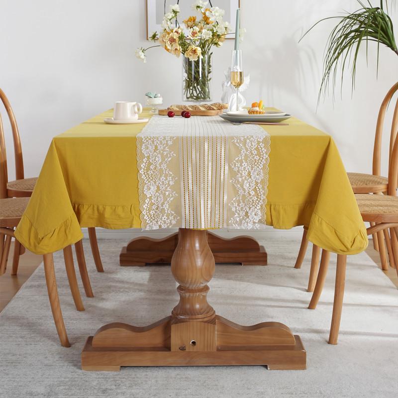 Modern Simple Solid Color Cotton Washed Cotton Contrasting Color Ruffle Edge Lace Table Flag Coffee Table Tablecloth Dining Table Cloth