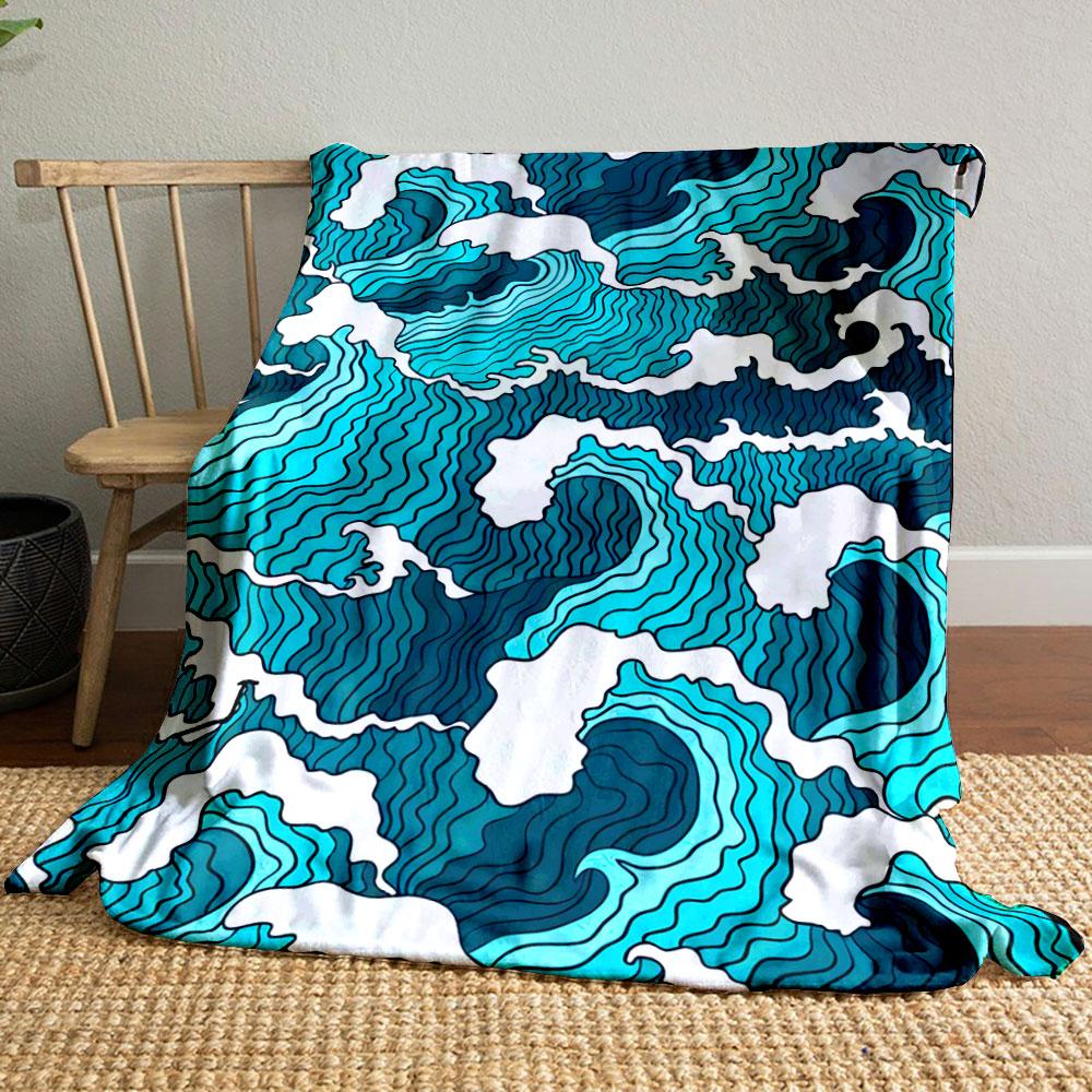 Stylized multicolored waves with bold outlines and curved foam crests. for all seasons blanket lunch break throw gift