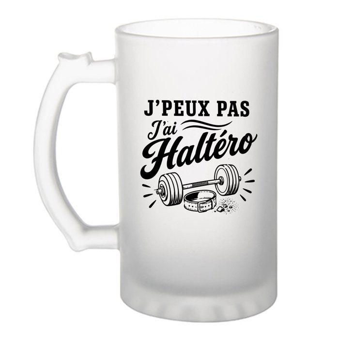 Chope à bière - PLANETEE - J'peux pas j'ai Haltéro (minimaliste) - Verre trempé givré - 470 ml - Anse recto‑verso