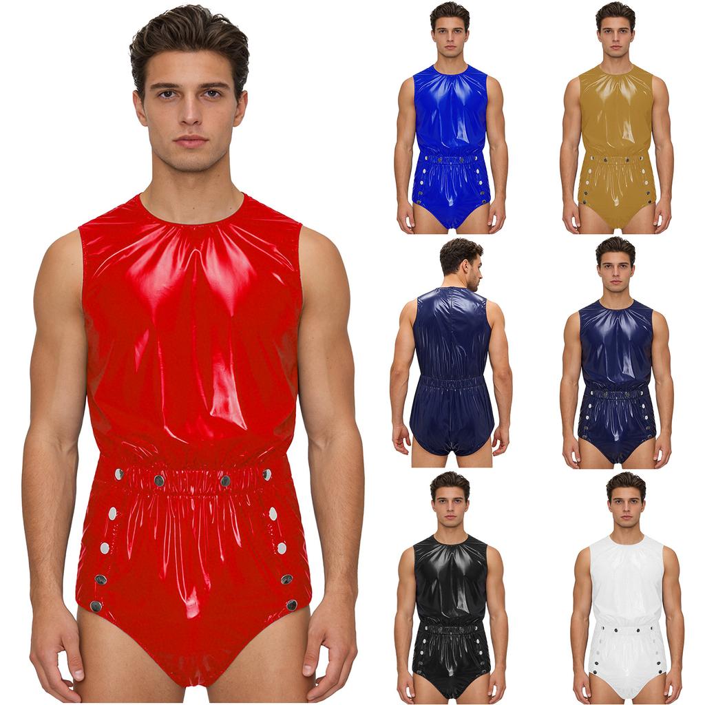 S-3XL Men‘s Elastic Waist Bodysuit Waterproof Sleeveless Back Zipper Openable Crotch Buttons One-Piece for Club Swim