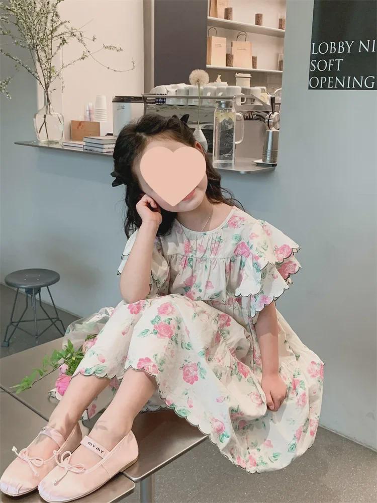 Корейское милое платье принцессы с цветочным принтом для девочек - летний стиль 2024 года