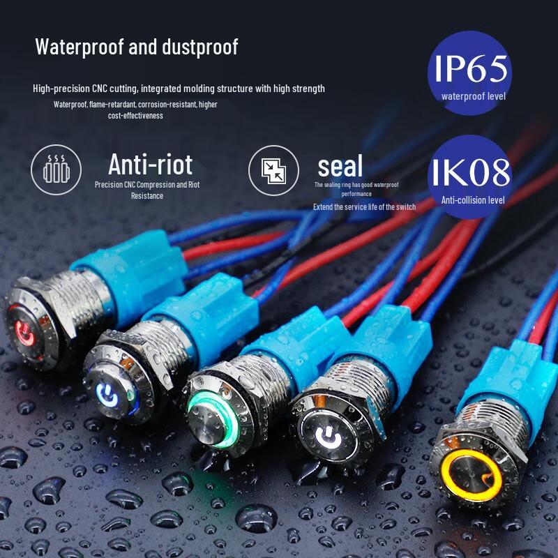 12mm Waterproof Metal Momentary Push Button Switch with Blue Annular LED