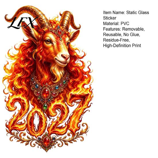 Decorative Glass Sticker for Doors Chinese New Year Window Sticker, 2027 Goat Static Clings, Glue Free Decor Reusable Lunar Xmas Home Shop Decoration
