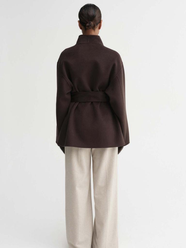 Женское пальто весна-осень шерстяное коричневое короткое свободное с поясом поверх одежды для женщин