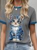 2025 New Summer Round Neck Women's T-shirt Fashion 3d Kitten Denim Printed Short Sleeve T-shirt Cartoon Casual Top