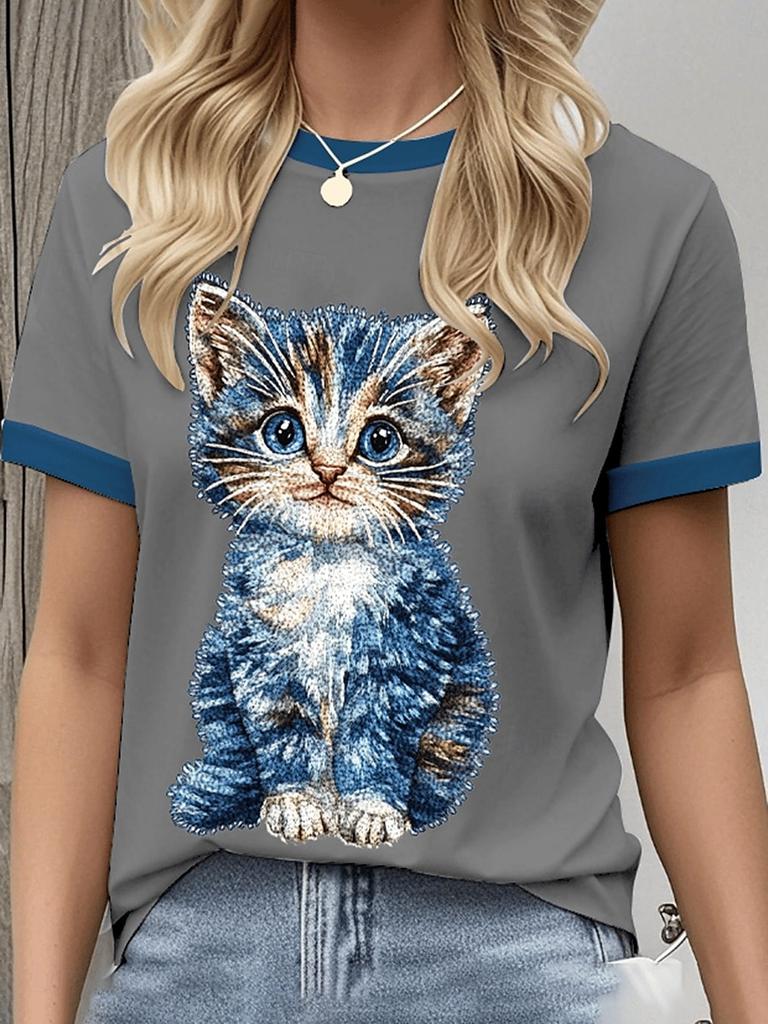 2025 New Summer Round Neck Women's T-shirt Fashion 3d Kitten Denim Printed Short Sleeve T-shirt Cartoon Casual Top