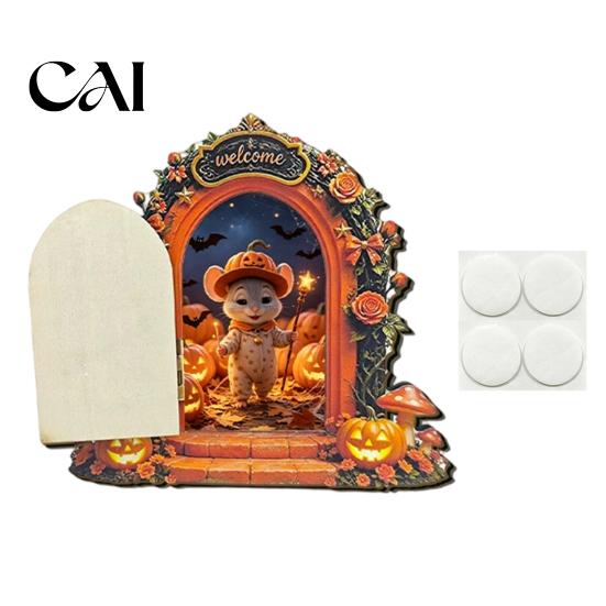 Holiday Gift for Children Halloween Mouse Hole Wall Decoration, Retro Arched Fairy Door with Pumpkin Openable Miniature Ornament & Flower Decor, Home