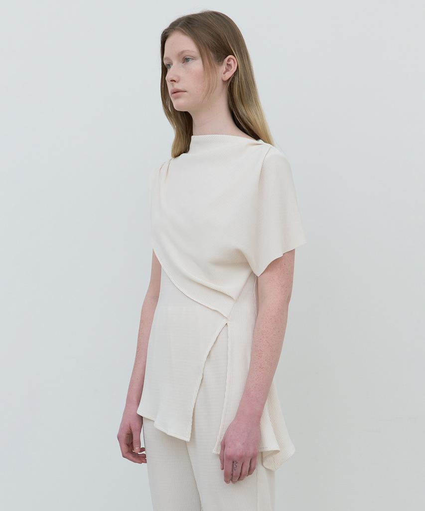 AFTERGLOWOOL Draped Shawl Pleated Blouse_Ivory
