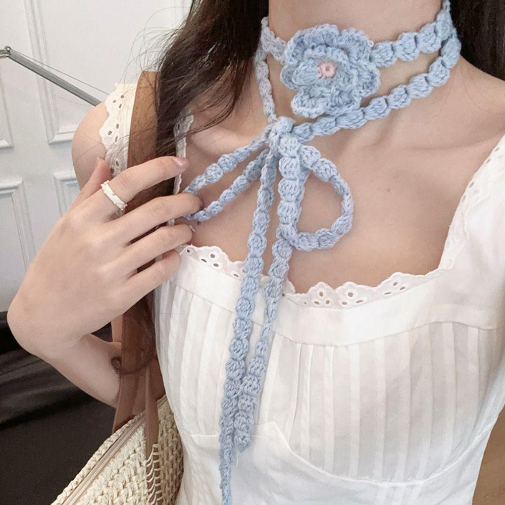 Thin Rose Flower Shawl Wool Long Narrow Scarves Soft Flower Knitted Scarf  Ladies