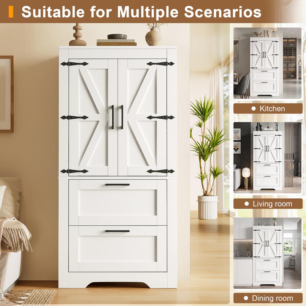 Kitchen cabinet in country style, with 2 drawers and adjustable shelves, suitable as storage furniture for kitchen, dining room and living room, white