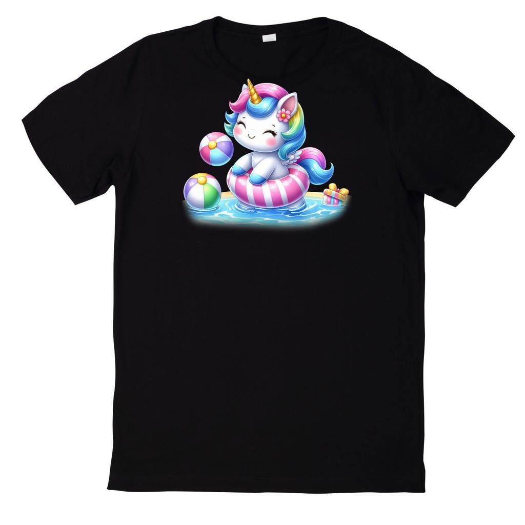 T-Shirt Lustiges Einhorn in der Poolparty Motiv BaumwolleWird in neuem Fenster oder Tab geöffnet