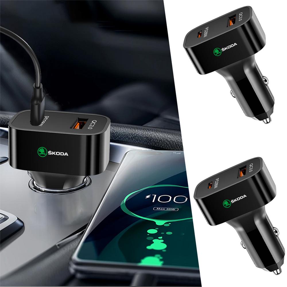Car Cell Phone Charger USB Super Fast Charging Travel Accessories For Skoda Rapid Karoq Octavia Scala Kodiaq Fabia Kamiq Favorit ZA1
