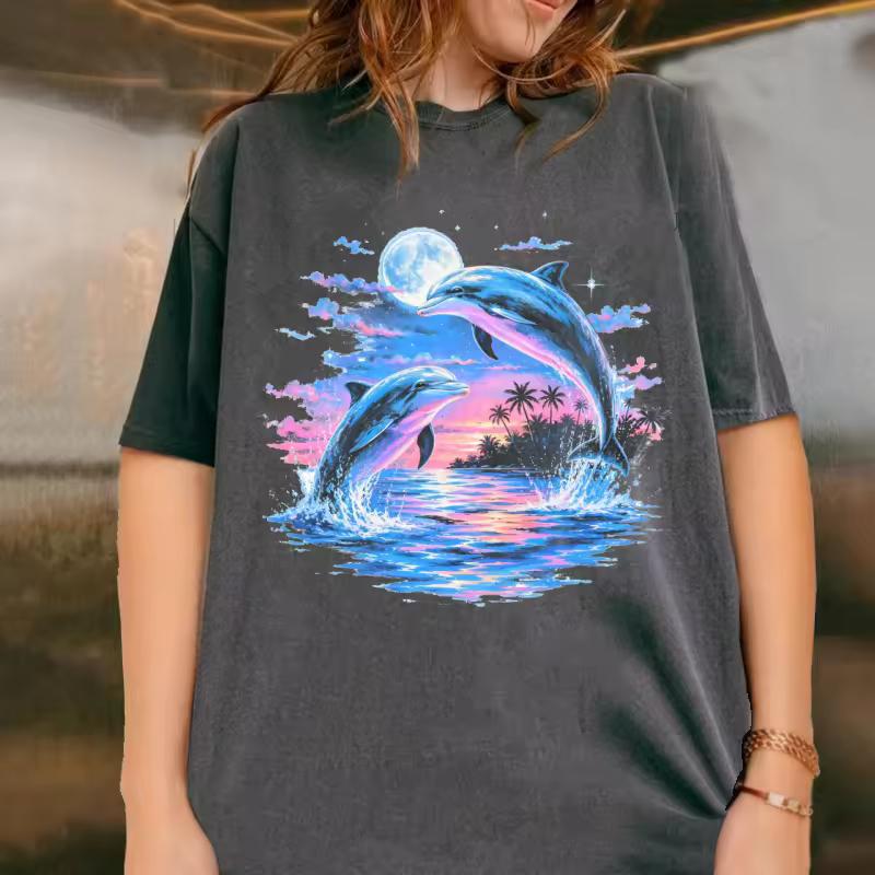 Vintage Dolphin T Shirt Retro 90s Ocean Graphic Tee Coastal Sea Life Beach T-shirt Women Men Vintage Washed Short Sleeve Tees