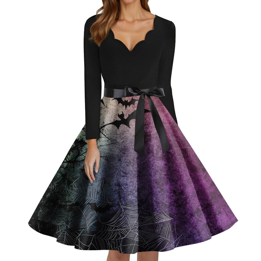 Women's Fashion V-Neck Casual Slim Fit Halloween Printed Long Sleeve Dress
