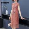 Женское тонкое платье Cheongsam с вышивкой и принтом, летнее платье в китайском стиле с короткими рукавами и круглым вырезом