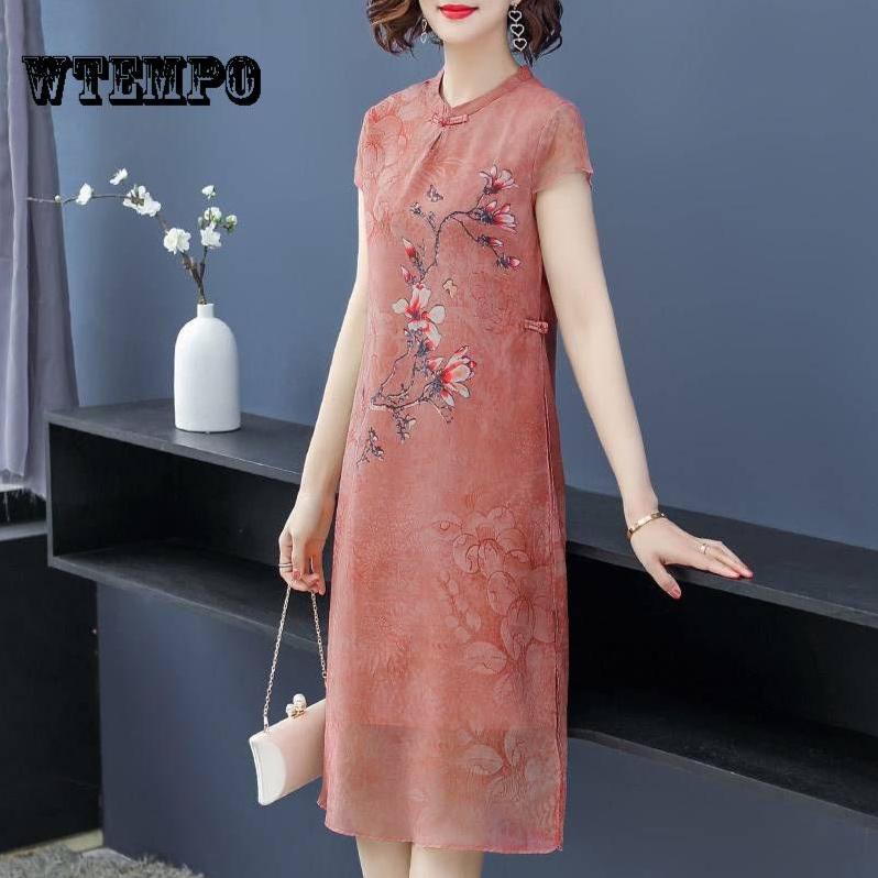 Женское тонкое платье Cheongsam с вышивкой и принтом, летнее платье в китайском стиле с короткими рукавами и круглым вырезом