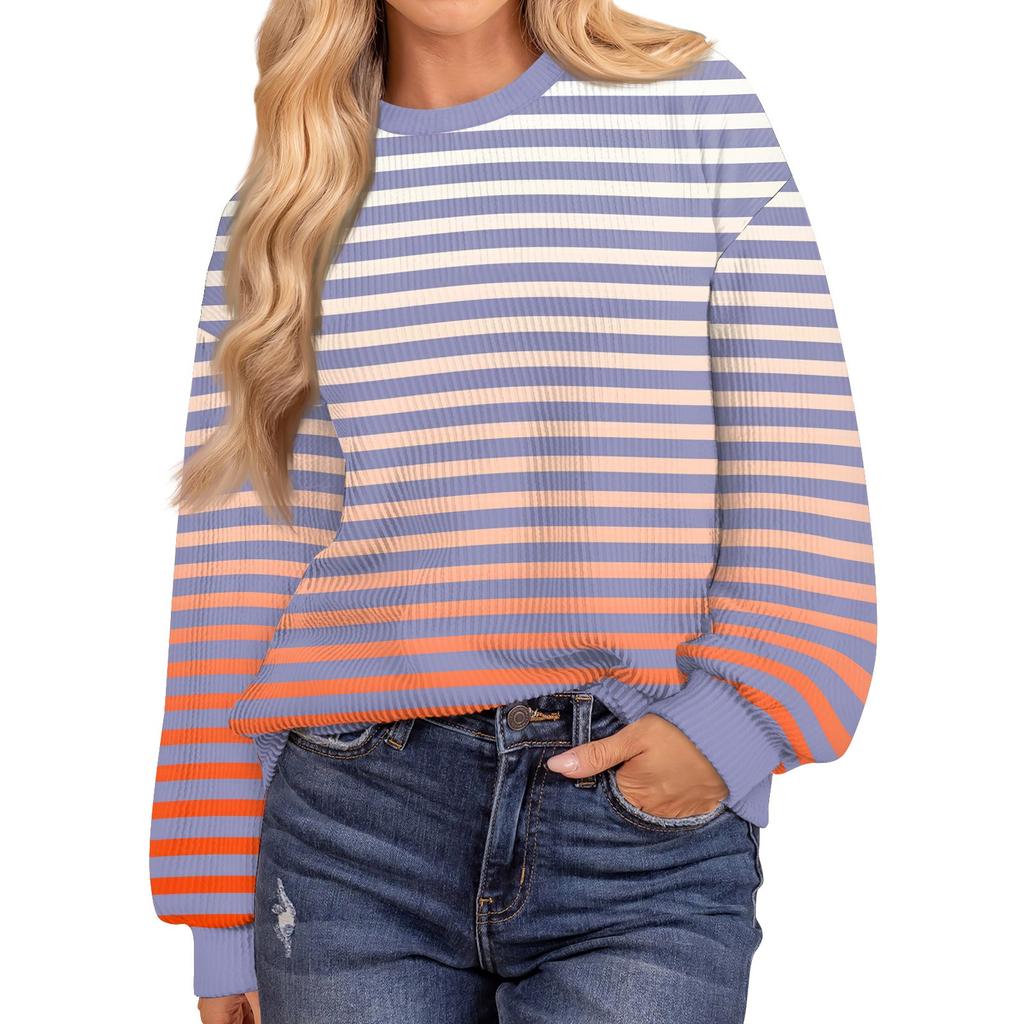 Женские повседневные свободные туники, топы с круглым вырезом, трикотажные ребристые рубашки с принтом, длинный рукав, пуловер, топ