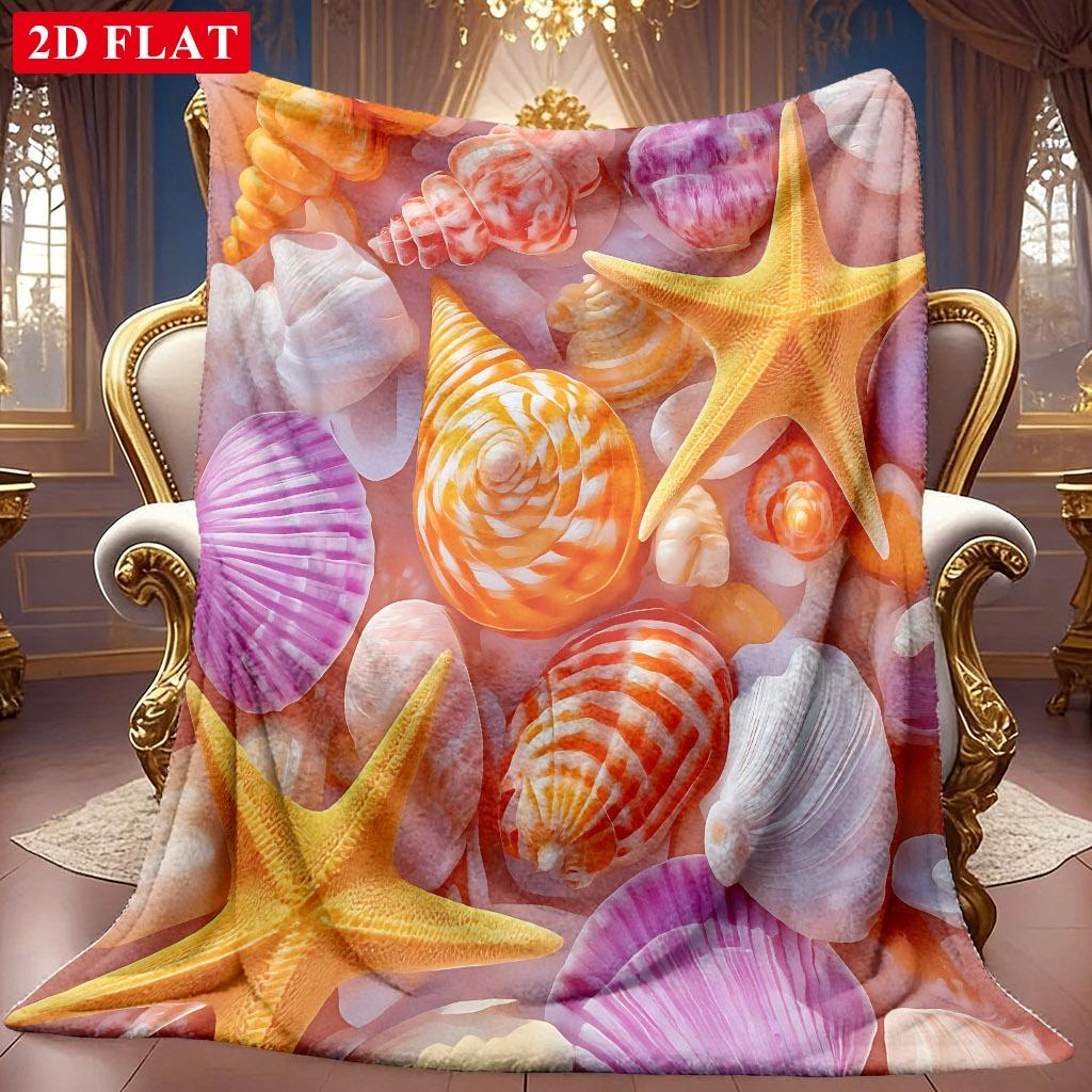 A 2D Colorful Flannel Blanket Featuring a Seashell and Starfish Themed Pattern, with Soft High-definition Digital Printing. This Cooling Blanket Is Su