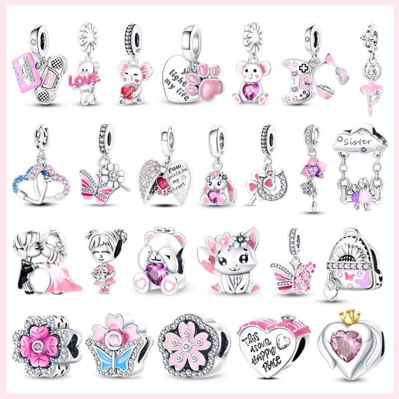 100% Стерлингового Серебра 925 пробы Медведь Животные Бабочка Цветок Любовь Сердце Розовые Подвески FitNew Оригинальный Браслет DIY Изготовление Ювелирных Изделий