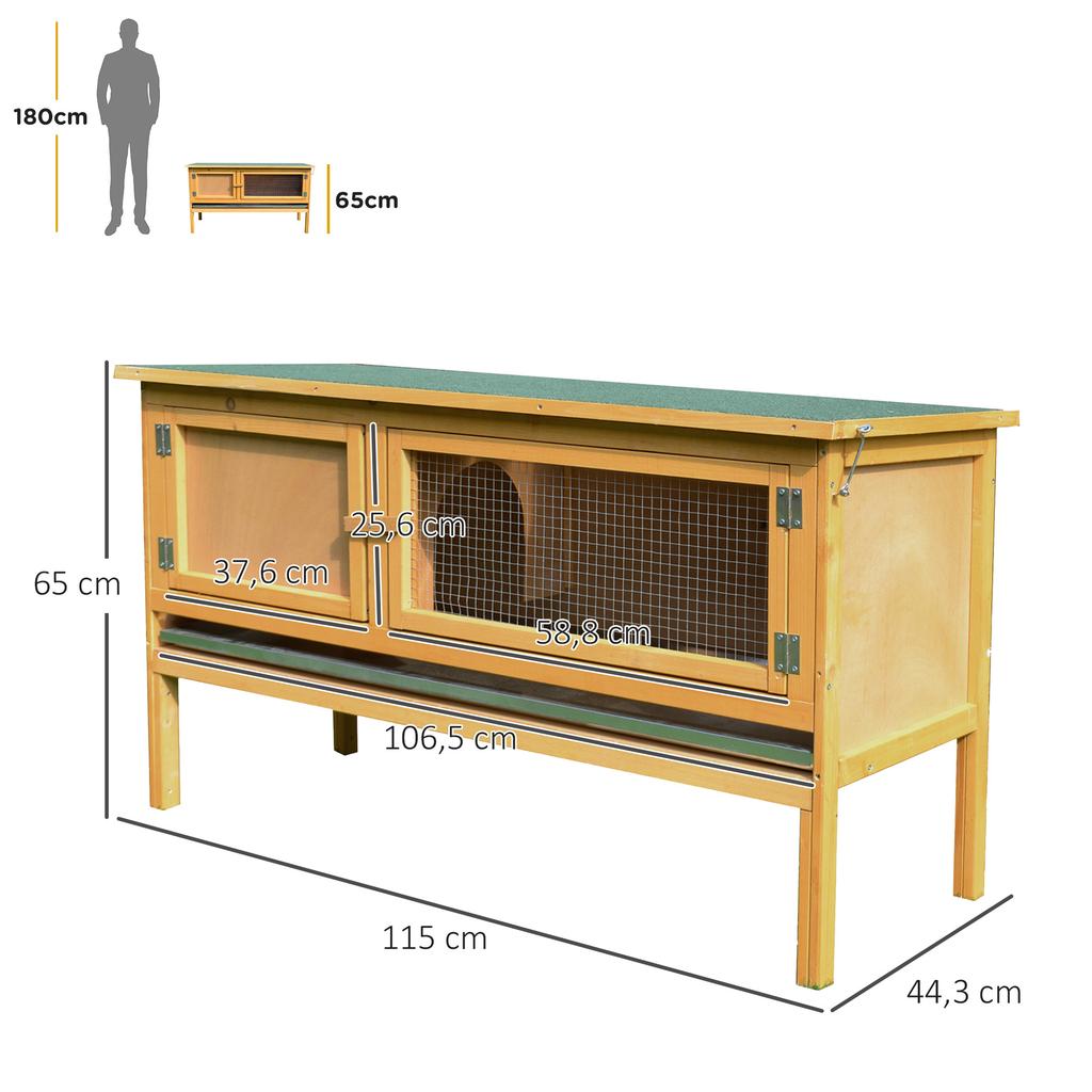 Wooden rabbit hutch with hinged roof, 2 doors, leak-proof tray, 115x44.3x65 cm, light yellow