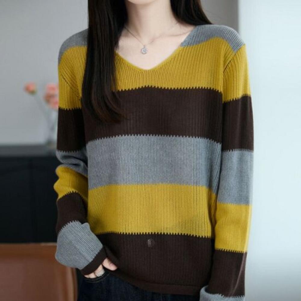 NaVaVa Women Bicolor Striped V Neck Long sleeVe Knit Top Nk3205